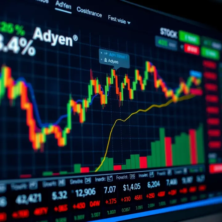Graph showing financial trends and stock performance of Adyen with market indicators