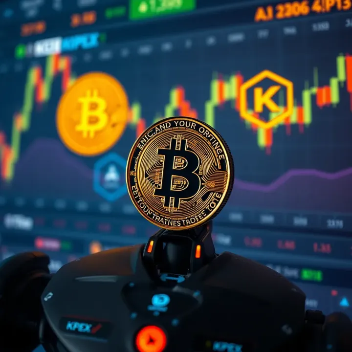 Futuristic representation of AI-driven cryptocurrency market analysis with Bitcoin and KPEX logos