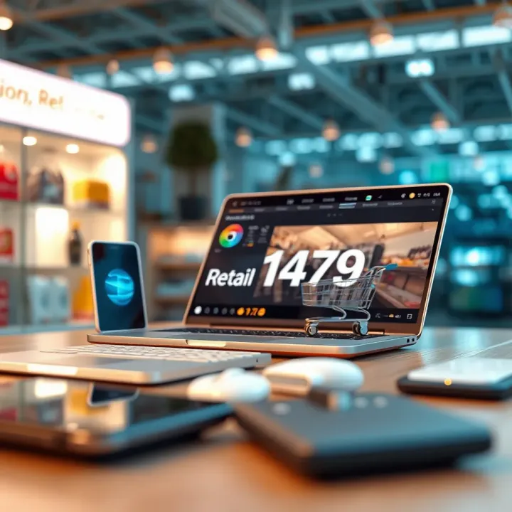 Visual representation of technological advancements influencing retail sector with digital devices and futuristic icons