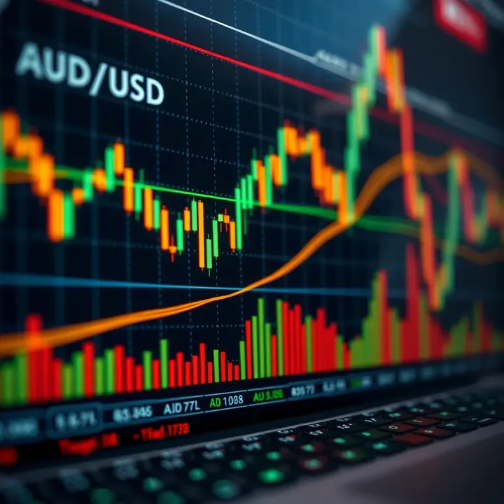 Technical chart displaying AUD/USD currency pair with moving averages and resistance levels