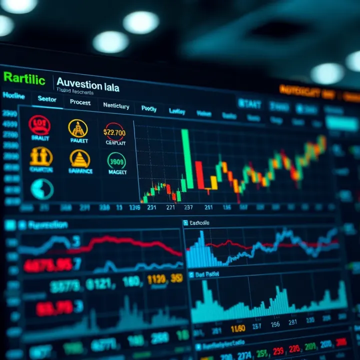 Visual representation of diversified investment portfolio with sector icons and market trend graphs