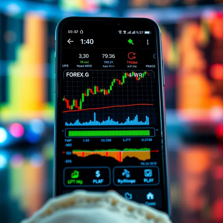 Mobile device displaying forex trading app interface with charts and currency pairs