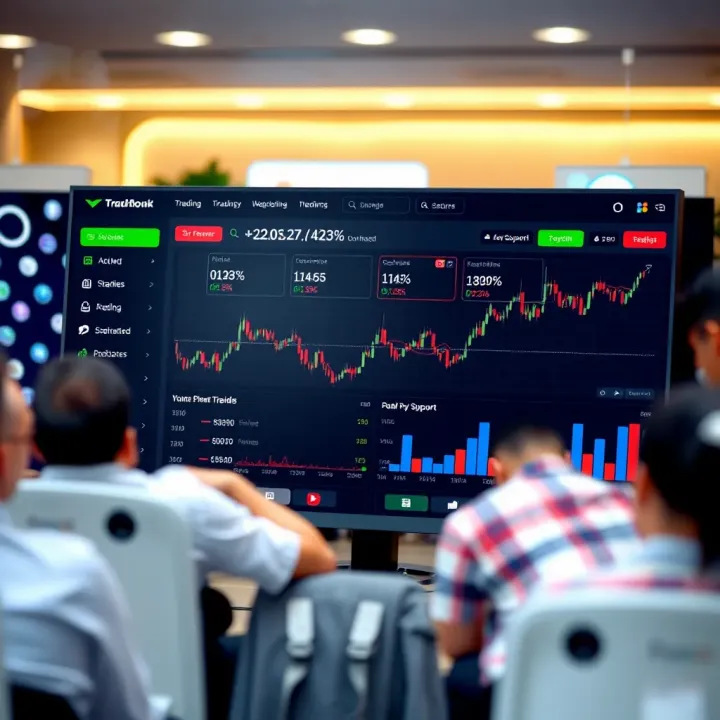 Graphical representation of trading dashboard showing key features and customer support options for binary trading