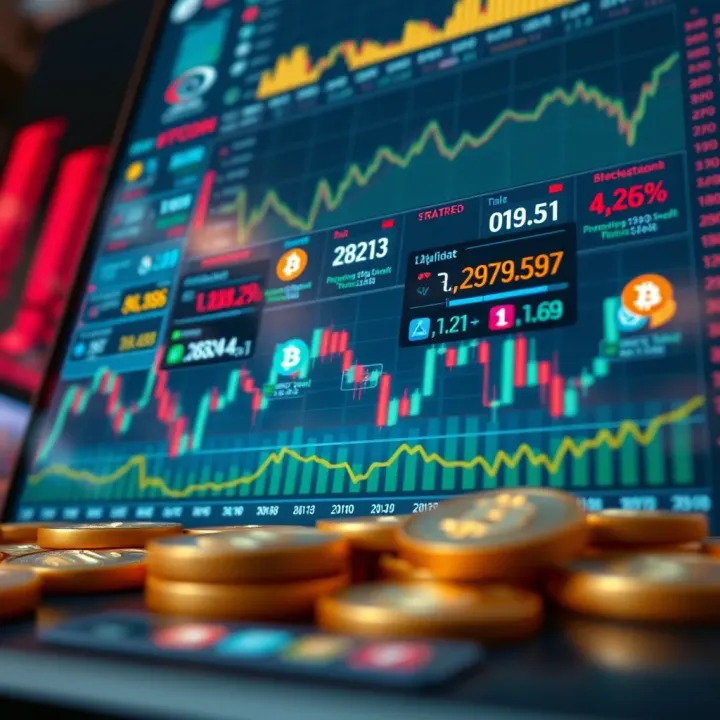 Digital visualization of factors influencing Bitcoin including market data and expert analysis