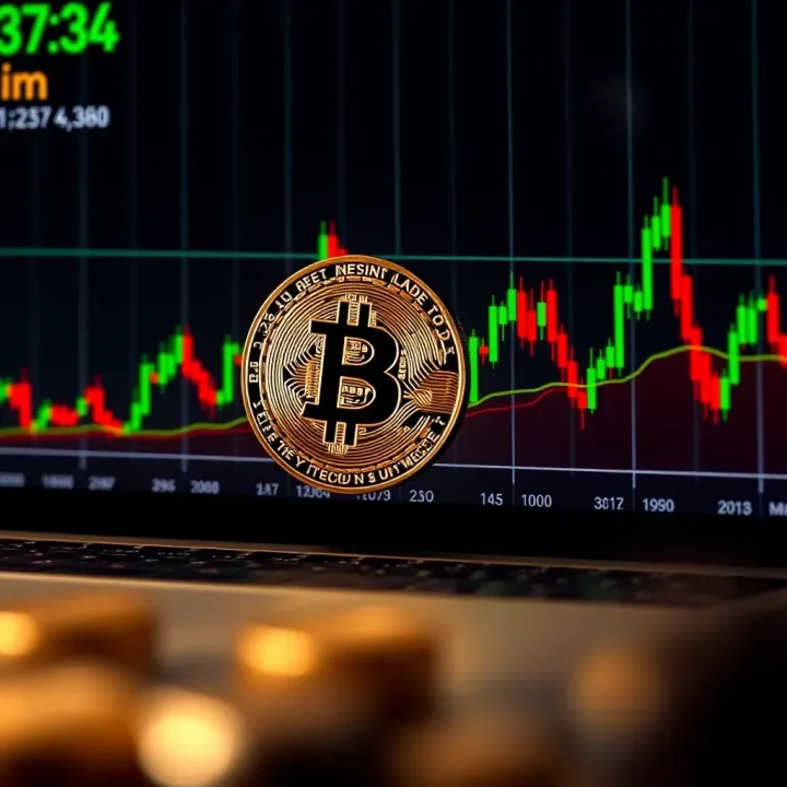 Graph displaying fluctuating Bitcoin prices over time with trend lines and candlestick indicators