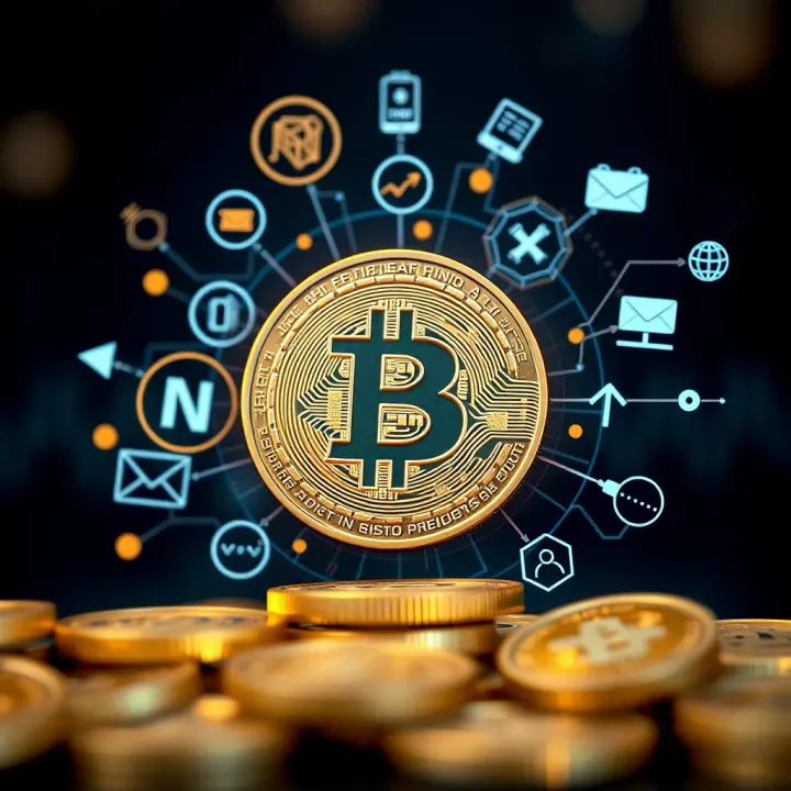 Illustration of digital currency surrounded by blockchain technology icons and regulatory symbols