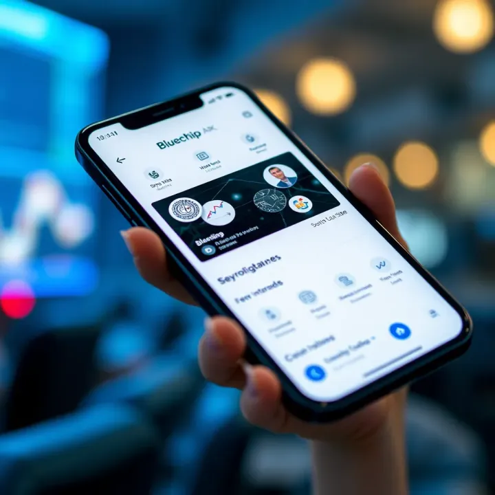 Mobile device displaying Bluechip APK interface with key features highlighted