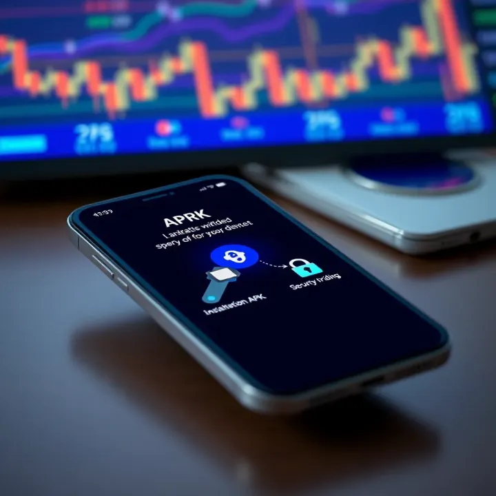 Illustration showing installation process of Bluechip APK on smartphone with security icons
