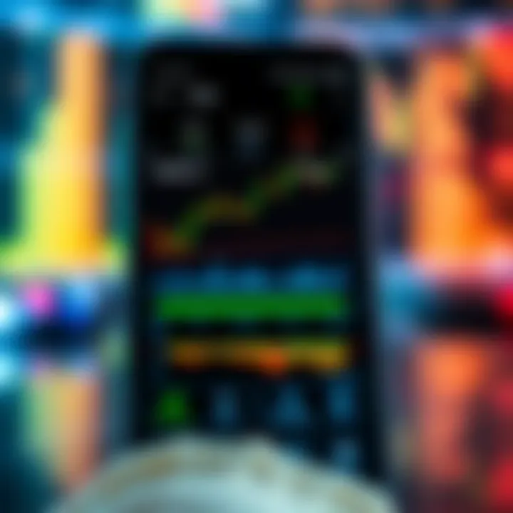 Mobile device displaying forex trading app interface with charts and currency pairs