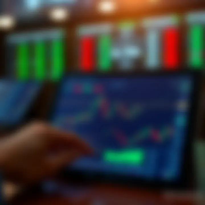 Tablet displaying stock charts and market data with financial icons and trading graphs