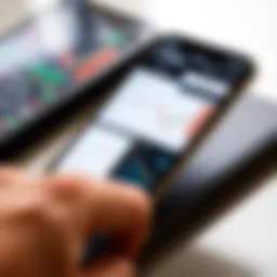 Mobile phone screen displaying various trading app interfaces with charts and stock data