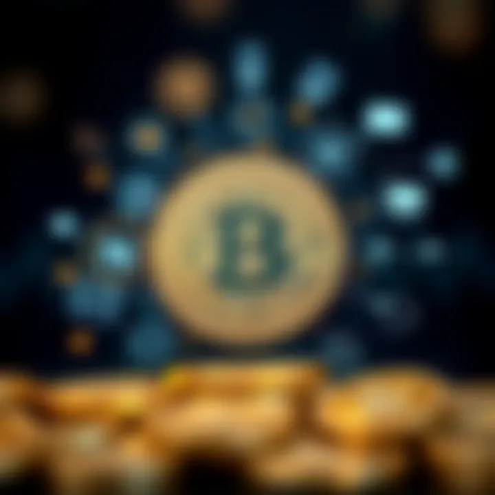 Illustration of digital currency surrounded by blockchain technology icons and regulatory symbols