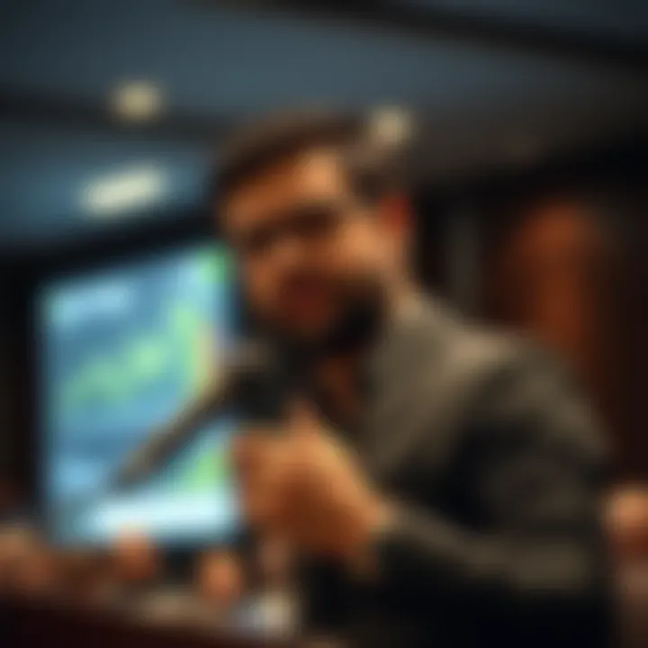 Chetan Bhagat speaking at a corporate event with a microphone and presentation background