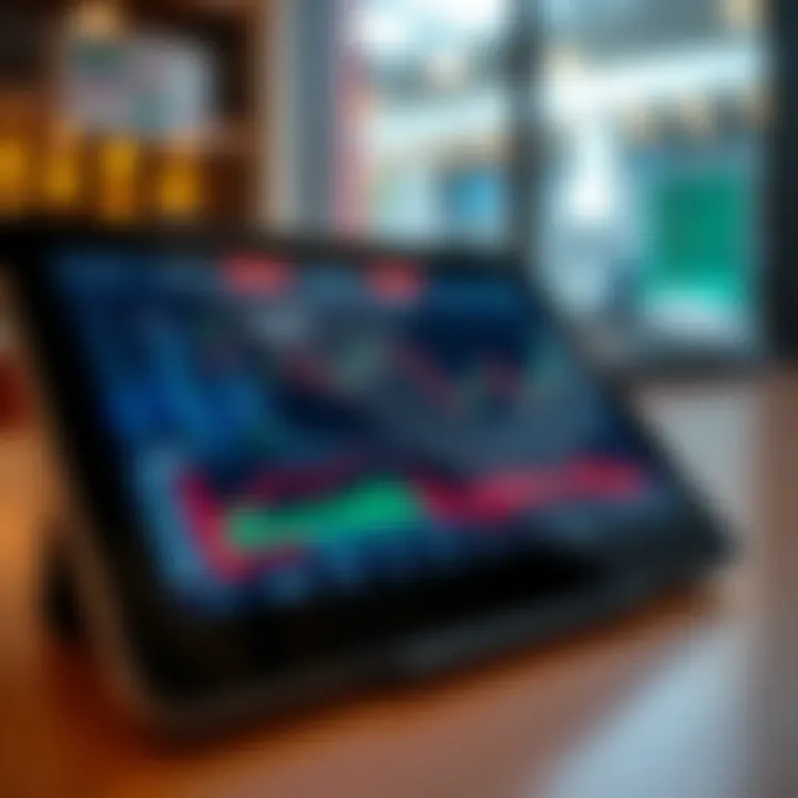 Close-up of a tablet displaying a stock trading application with real-time market charts and graphs
