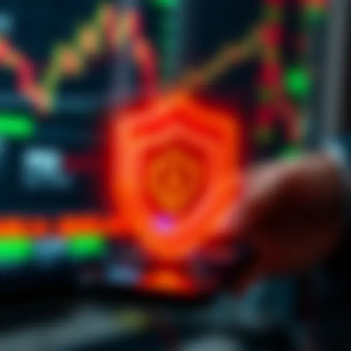 Secure digital shield icon overlaying a smartphone displaying stock market data, symbolizing app security and protection