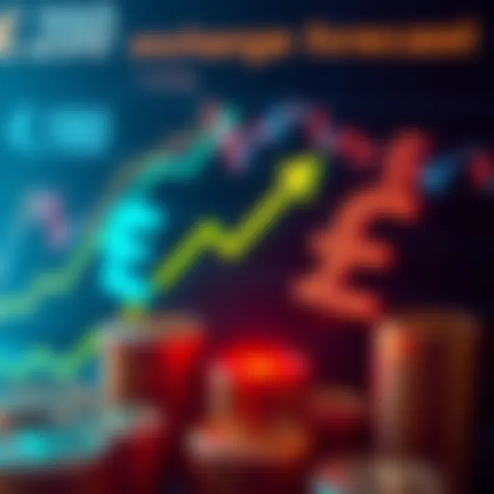 Illustration of currency symbols with arrows indicating exchange rate movement and financial growth