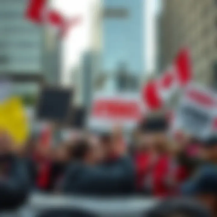 Protesters holding signs and banners during a strike rally in an urban Canadian setting