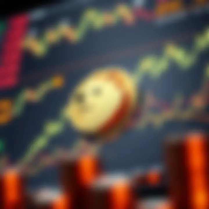 Digital representation of Dogecoin symbol surrounded by rising cryptocurrency graphs