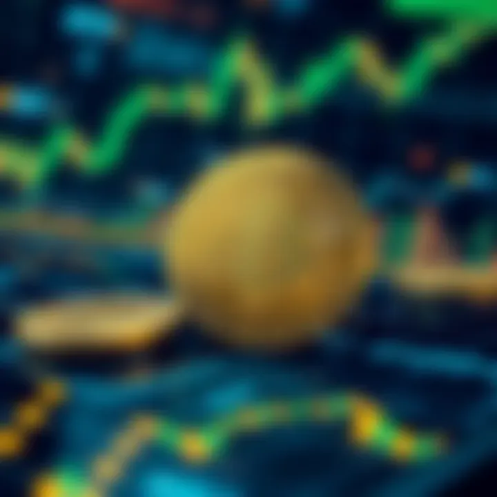 Futuristic visualization of cryptocurrency forecast with Dogecoin coin and abstract data analytics