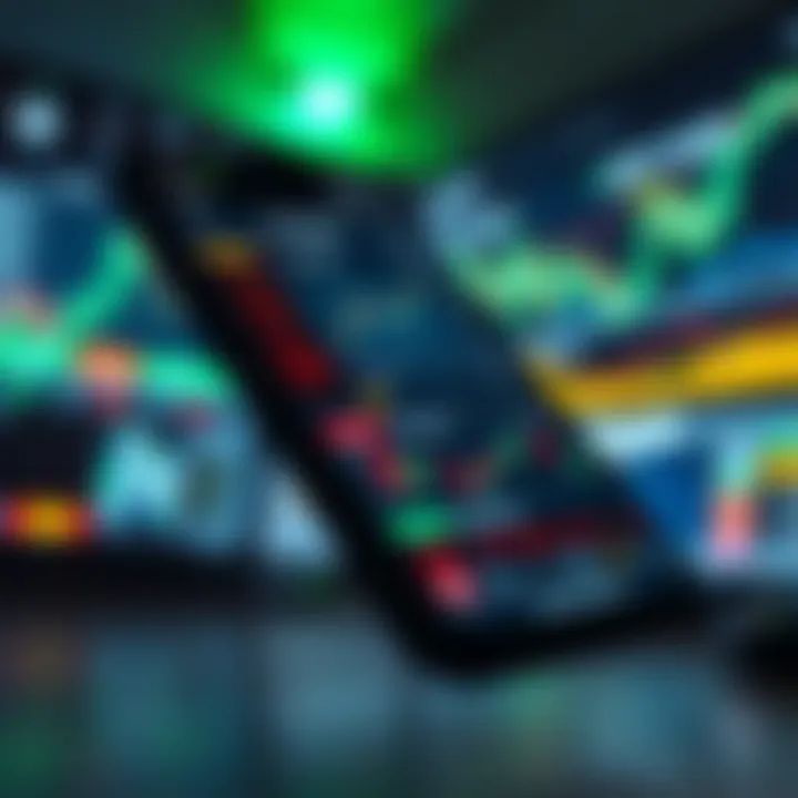 Mobile phone displaying various stock market charts and trading options on a financial app interface