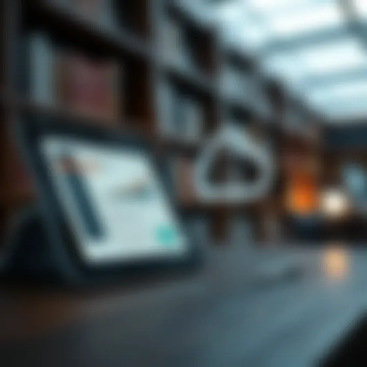 Digital library with ebooks displayed on a tablet and a secure cloud storage icon