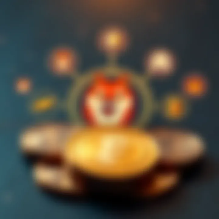 Illustration of digital tokens with Floki Inu logo surrounded by various factors influencing cryptocurrency values