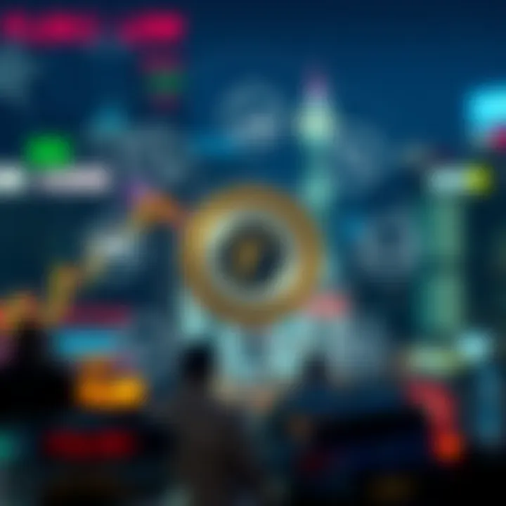 Illustration of Floki token surrounded by icons representing market factors and investment insights