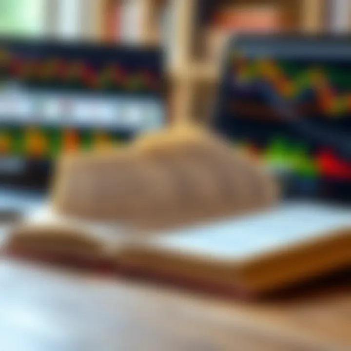 Open book with financial charts and a laptop showing forex market data on the screen