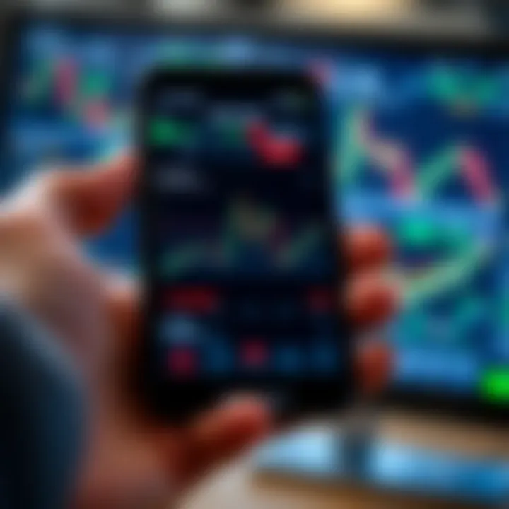 Mobile phone displaying a forex trading application interface with currency charts and trade options