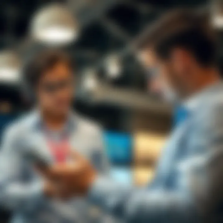 Illustration showing a business representative demonstrating a product to a client on a digital device