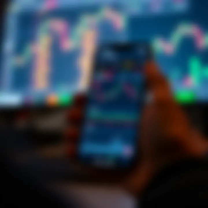 Mobile device displaying a trading application interface with charts and market data
