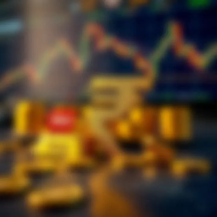 Visual representation of Indian Rupee symbol alongside gold bars and forex currency symbols