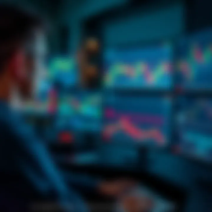 Simulated Financial Charts for Practice Trading Trader analyzing financial charts on multiple screens in a simulated environment