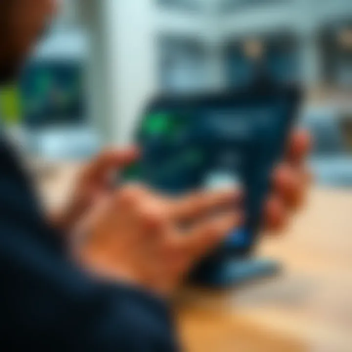 Configuring Trading Application and Ensuring Secure Mobile Trading User setting up a trading application on a tablet with secure login interface and financial dashboard