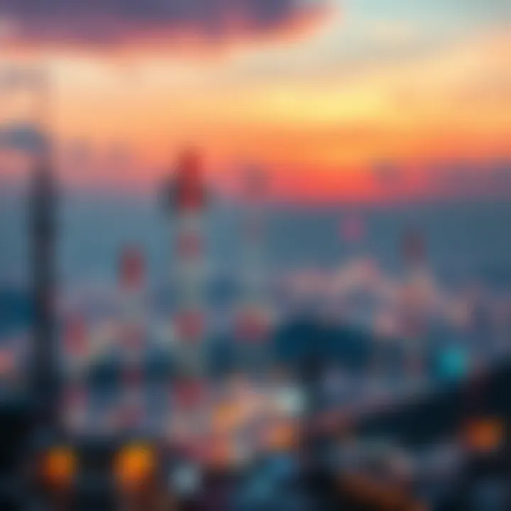 Illustration of telecom industry elements including network towers and mobile devices