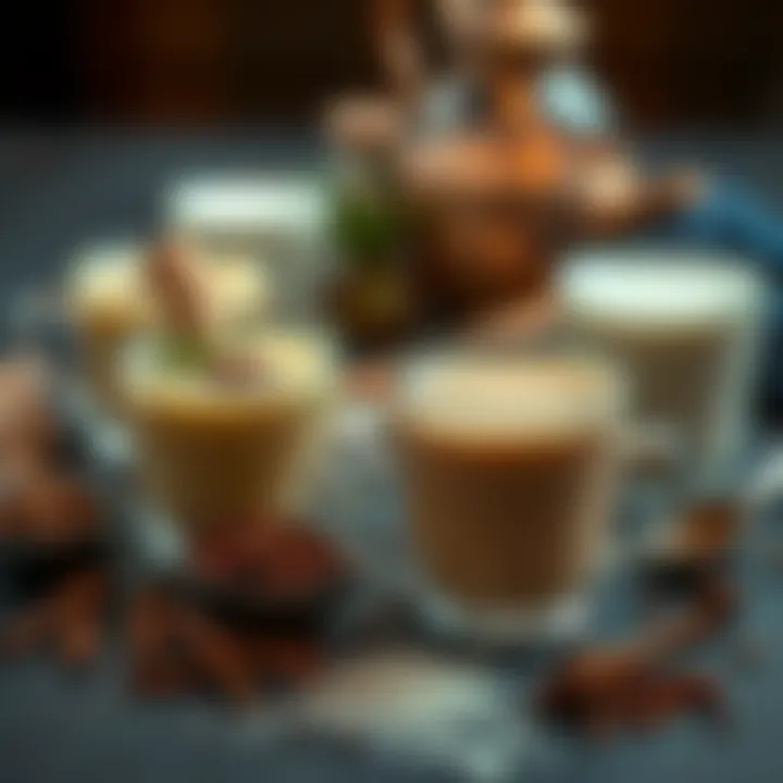 Selection of regional chai variations displayed with different ingredients such as cardamom, ginger, and milk alongside cups of tea