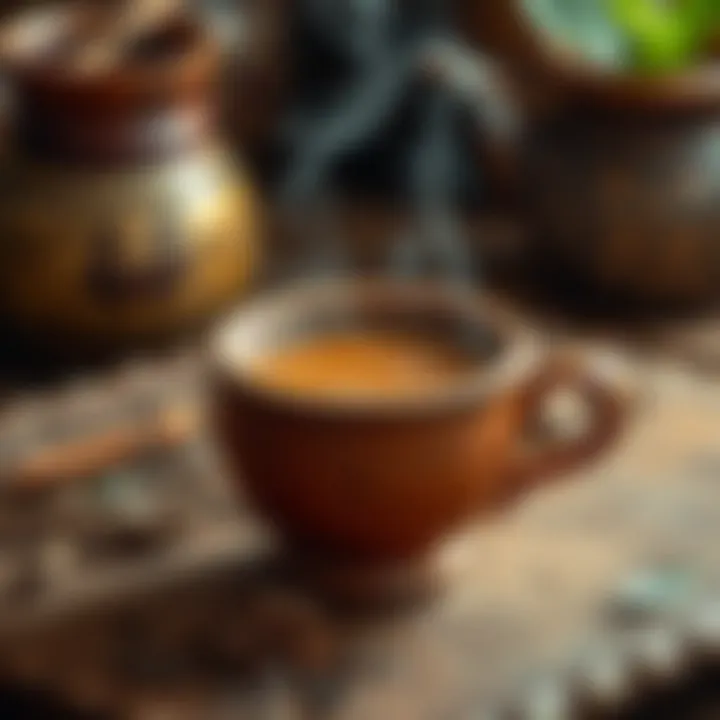 Traditional clay cup filled with steaming chai placed on a rustic wooden surface with tea leaves and spices nearby