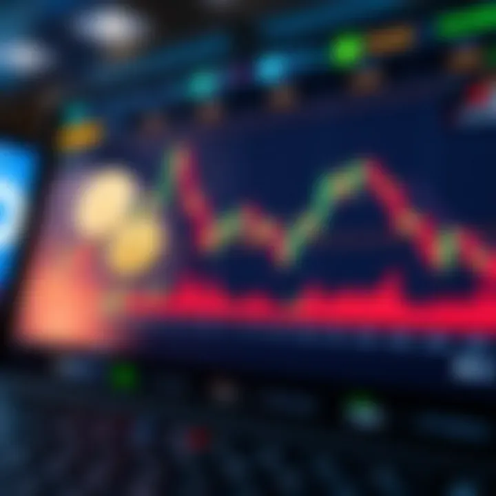 Illustration showing a digital trading platform with cryptocurrency charts and demo trade indicators