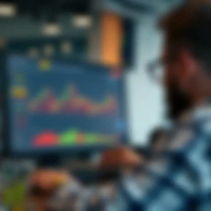 Trader using a demo account interface showing simulated financial chart and virtual currency balances