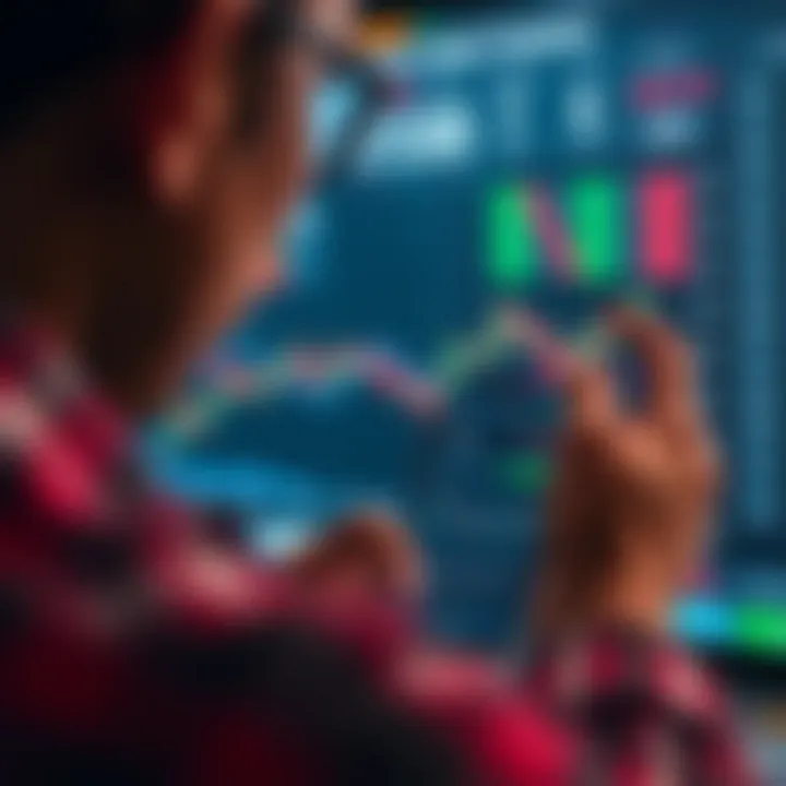 User interacting with a smartphone showing a mobile trading app interface with stock charts and financial data