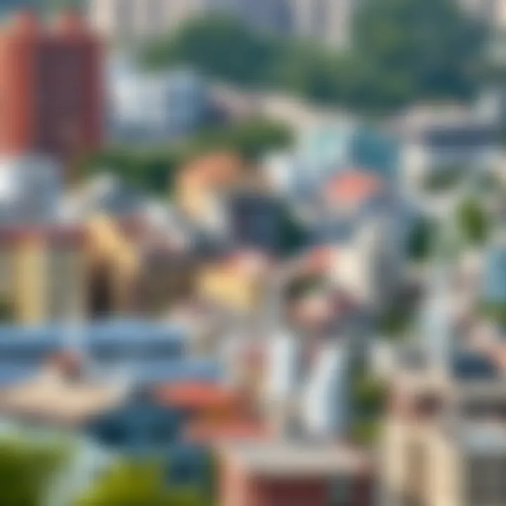 Urban area with diverse buildings and renewable energy sources representing economic growth and social equity