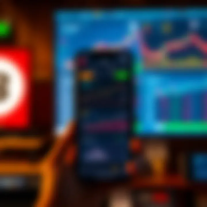 Illustration of a mobile phone screen displaying various real money trading app features and charts