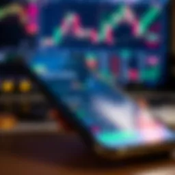 Mobile device displaying a real trade app interface with stock charts and trading options