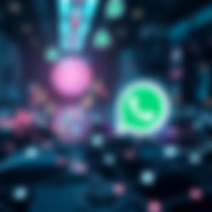 Conceptual visualization of digital communication network with forex charts and trading data being exchanged in a WhatsApp group