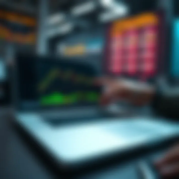 Illustration of a trader analyzing virtual currency trading performance on a laptop screen