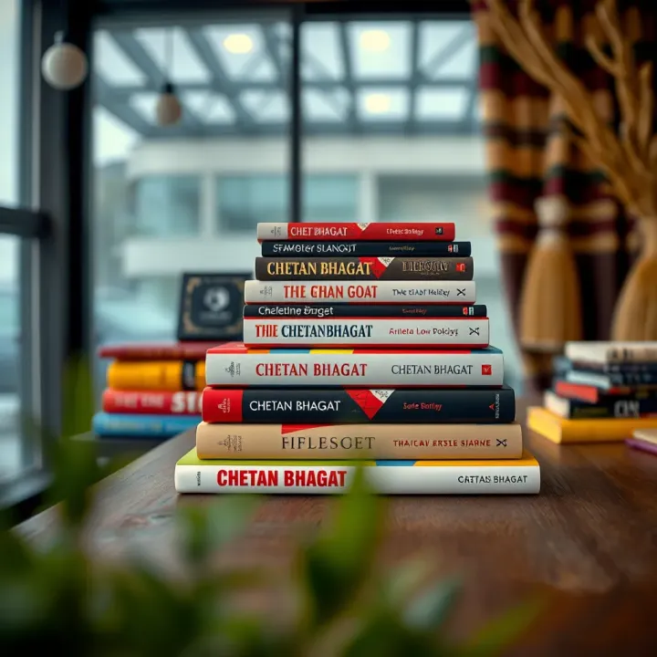 Collection of Chetan Bhagat's bestselling books stacked on a table