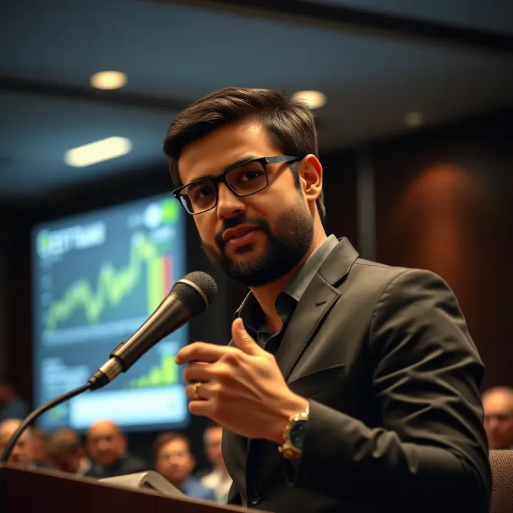 Chetan Bhagat speaking at a corporate event with a microphone and presentation background