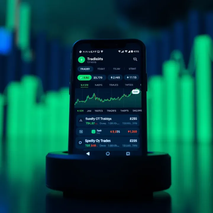 Mobile device displaying a trading app interface with charts and investment options
