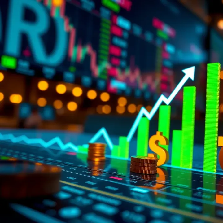 Graphical representation of risk-free trading with digital currency symbols and upward financial charts