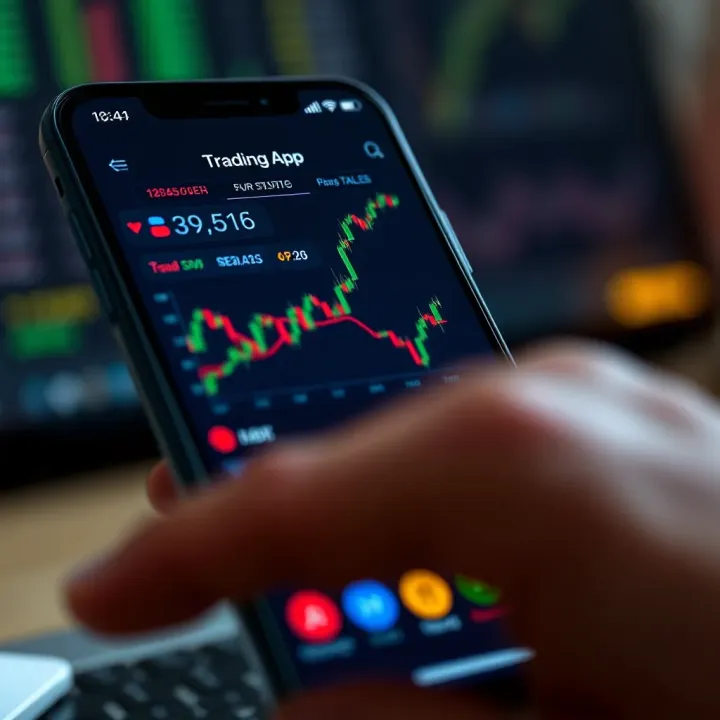 Mobile phone showing a stock trading app interface with charts and market data